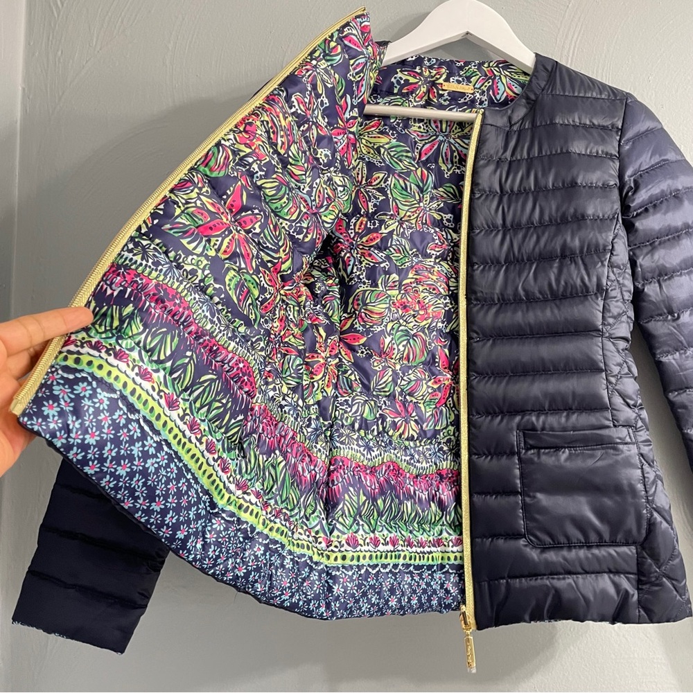 Lilly Pulitzer Lilah reversible quilted down zip jacket XXS collarless gorpcore - Picture 12 of 16
